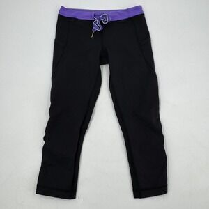 Lululemon Womens Black Crop Leggings Purple Waistband‎ Side Pocket Drawstring